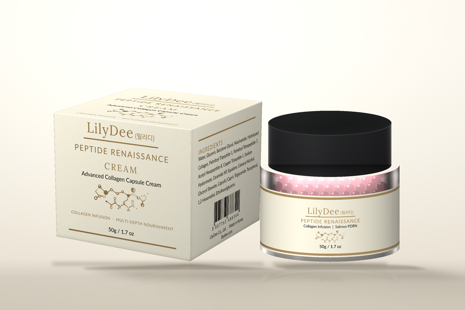 LilyDee Peptide Renaissance Advanced Collagen Capsule Cream jar with its carton